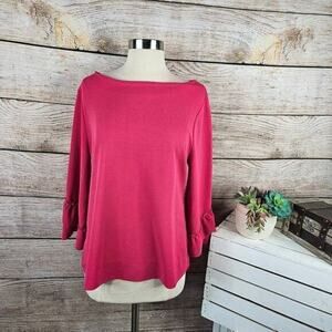 Talbots Crepe Three Quarter Ruffle Sleeve‎ Bright Pink Blouse Size Large